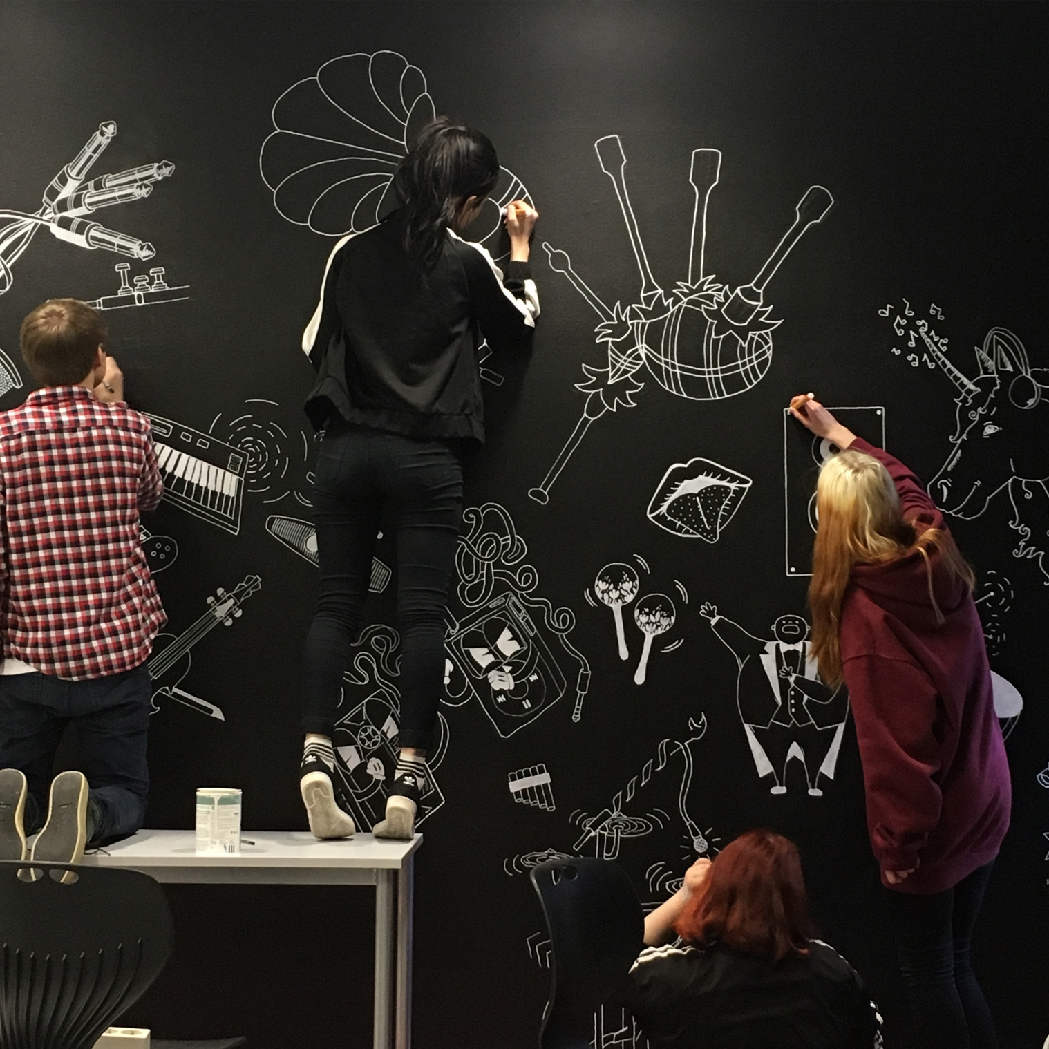 Så begynte vi å male opp motivene våre på veggene